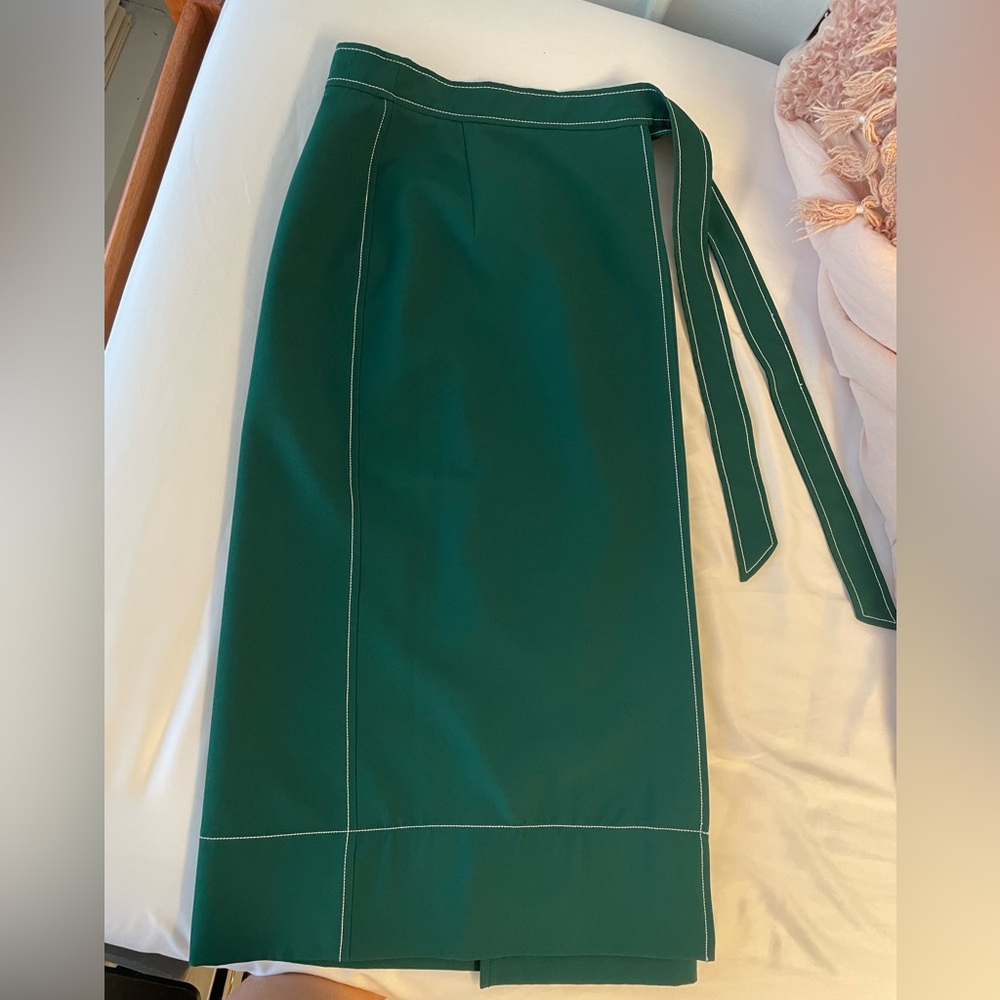 Forest Green White Stitch Wrap Side Midi Skirt